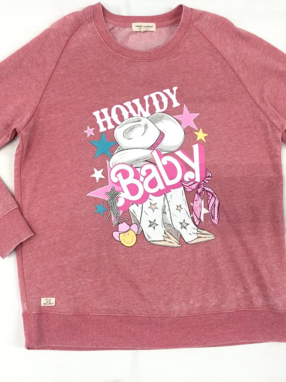 Simply Southern Howdy Baby Pink Crewneck Pullover Sweatshirt, Medium